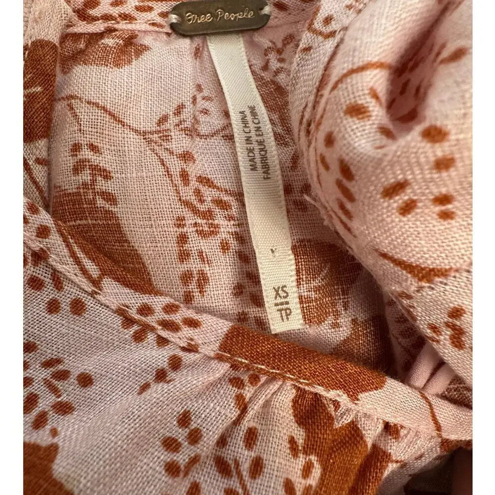 Free People Mini Dress Paper Hearts Pink Linen Long Sleeve Empire Waist